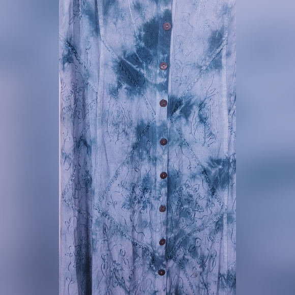 Flower Blue Tie Dye Dress Free Size Embroidered Floral Stich Detail Button Front - Picture 2 of 8